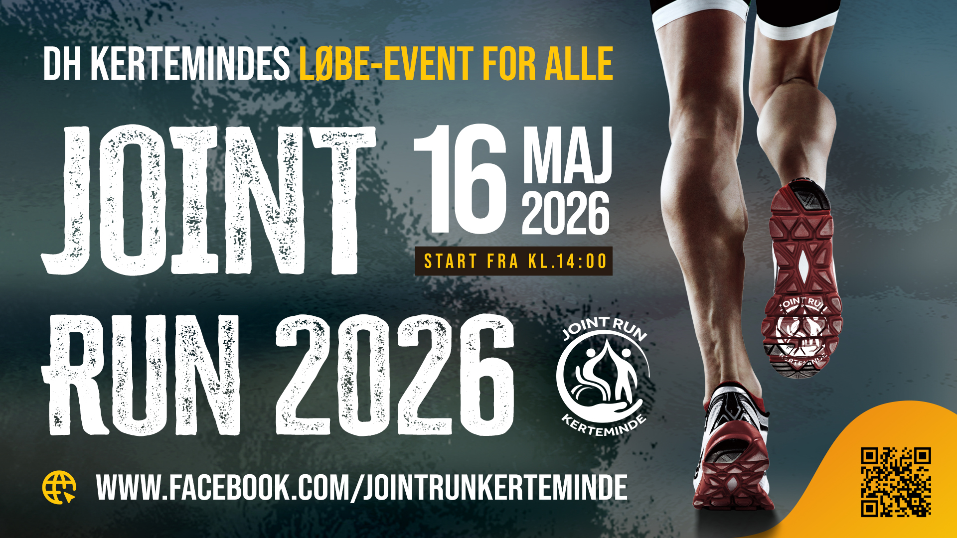 Plakat for løbeeventet “Joint Run 2026” i Kerteminde den 16. maj 2026 med start kl. 14.00. Plakaten viser en løber set bagfra i bevægelse, eventets navn og dato, samt logo og henvisning til Facebook-siden Joint Run Kerteminde.